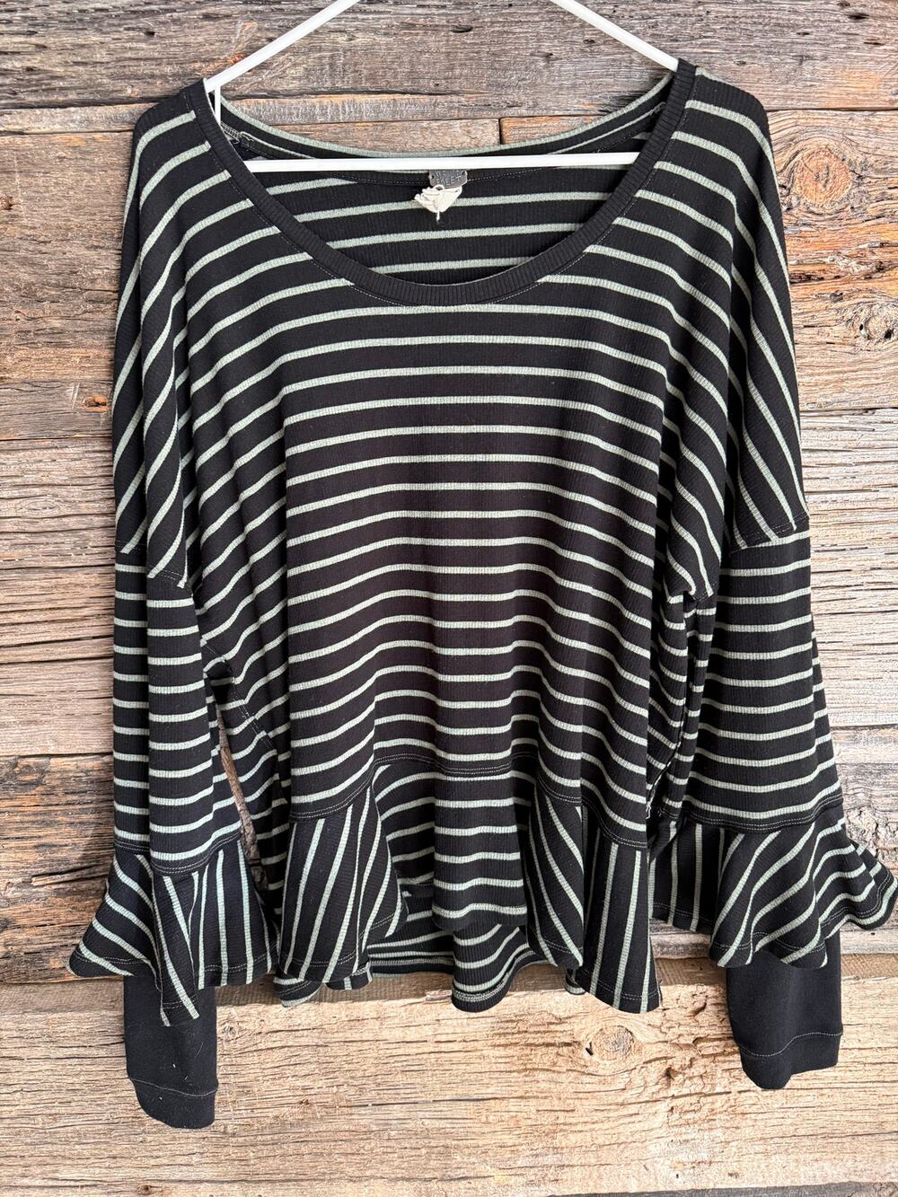 Free People We The Free Striped Peplum Ruffle Hem Top Black and Green L